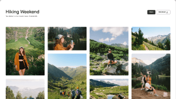 Example gallery with masonry photo layout, share and download buttons